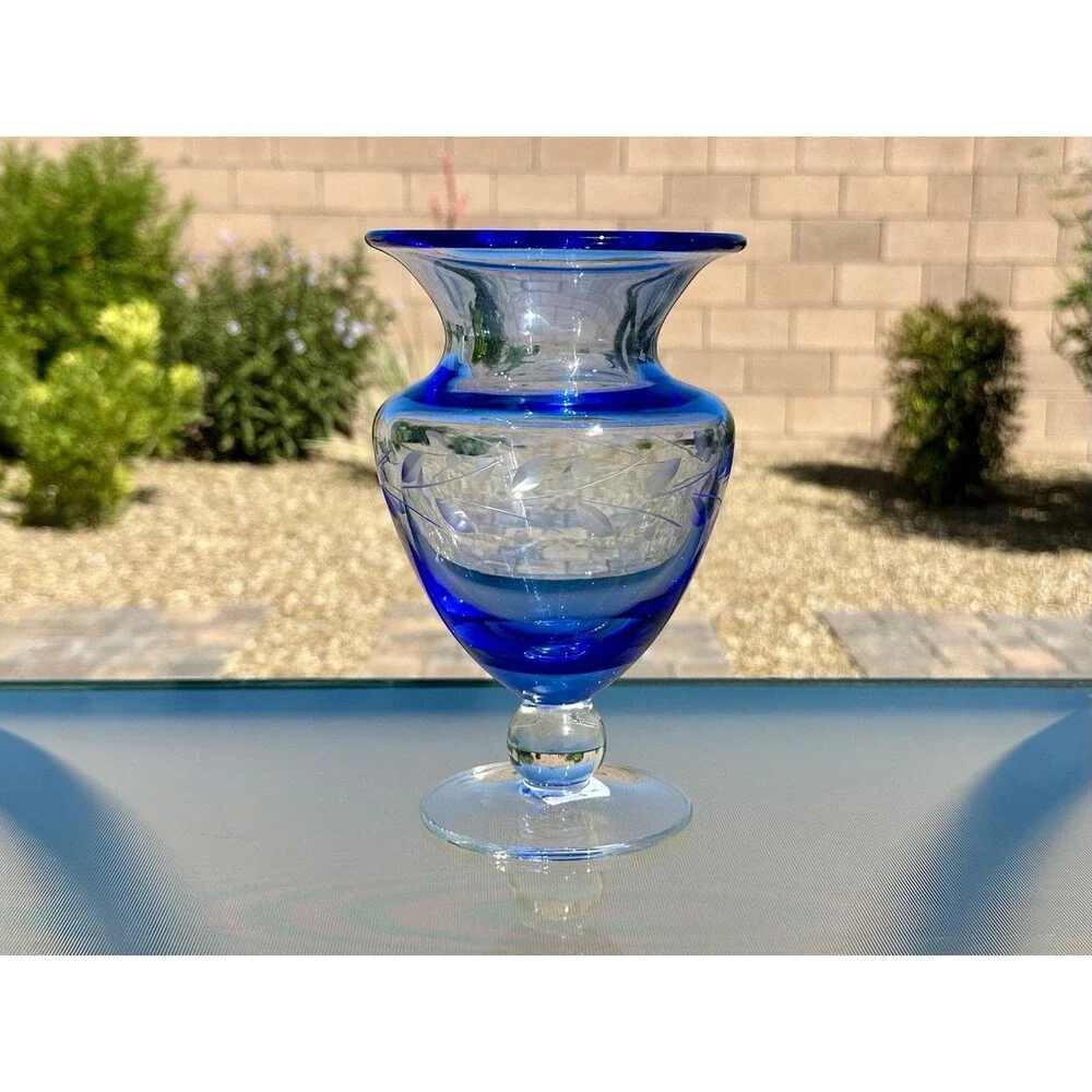 BELLA POTTERY BARN ETCHED Footed Blown Glass Vase w/ Ball Stem Blue 8